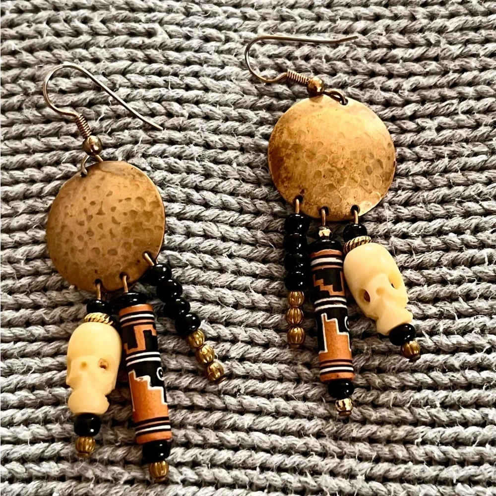 Peruvian Handmade Boho Tribal Skull Dangle Earrings Mixed Media Gold Black